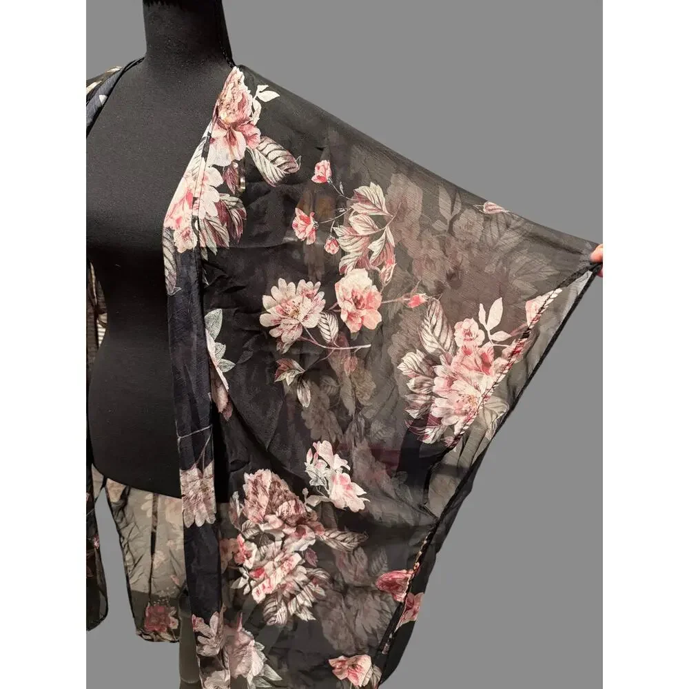 Women's Black Floral Sheer Kimono Cardigan Boho Open Front Cover Up One Size